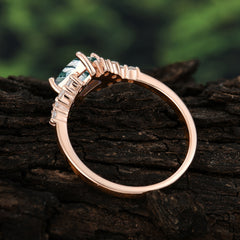 Dainty Princess Cut Moss Agate Enagement Ring Vintage Side Stone Ring