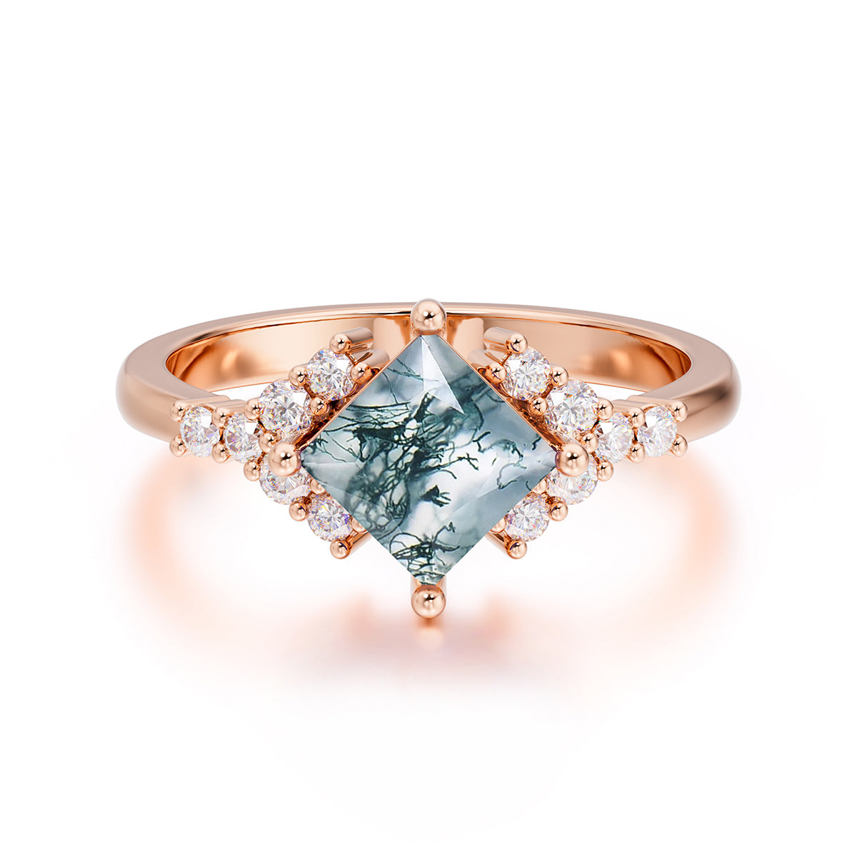 Dainty Princess Cut Moss Agate Enagement Ring Vintage Side Stone Ring