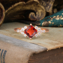 Dainty Princess Cut Garnet Enagement Ring Vintage Side Stone Ring