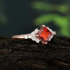 Dainty Princess Cut Garnet Enagement Ring Vintage Side Stone Ring
