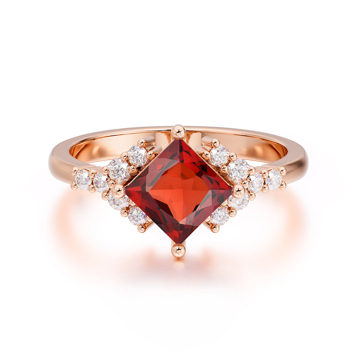 Dainty Princess Cut Garnet Enagement Ring Vintage Side Stone Ring