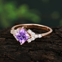 Dainty Princess Cut Amethyst Enagement Ring Vintage Side Stone Ring