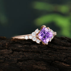 Dainty Princess Cut Amethyst Enagement Ring Vintage Side Stone Ring