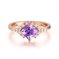 Dainty Princess Cut Amethyst Enagement Ring Vintage Side Stone Ring