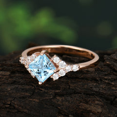 Dainty Princess Cut Aquamarine Enagement Ring Vintage Side Stone Ring