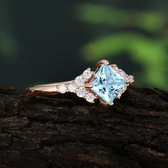 Dainty Princess Cut Aquamarine Enagement Ring Vintage Side Stone Ring