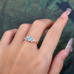 Dainty Princess Cut Aquamarine Enagement Ring Vintage Side Stone Ring