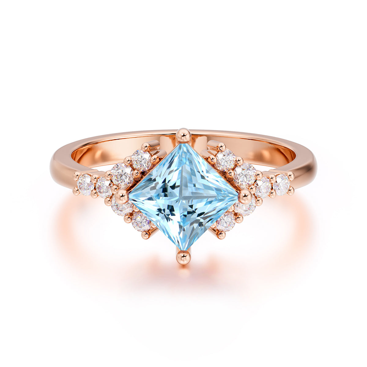 Dainty Princess Cut Aquamarine Enagement Ring Vintage Side Stone Ring