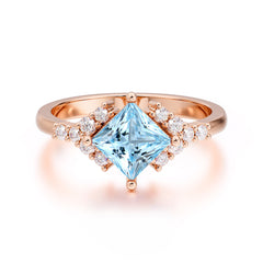 Dainty Princess Cut Aquamarine Enagement Ring Vintage Side Stone Ring