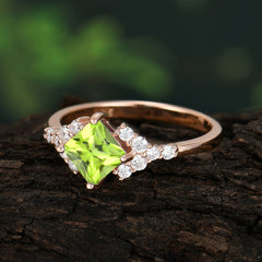 Dainty Princess Cut Peridot Enagement Ring Vintage Side Stone Ring
