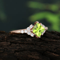 Dainty Princess Cut Peridot Enagement Ring Vintage Side Stone Ring
