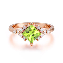 Dainty Princess Cut Peridot Enagement Ring Vintage Side Stone Ring