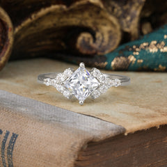 Dainty Princess Cut Moissanite Enagement Ring Vintage Side Stone Ring