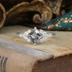 4 Prong Dainty Princess Cut Black Rutilated Quartz Enagement Ring Vintage Side Stone Ring