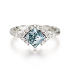 Dainty Princess Cut Moss Agate Enagement Ring Vintage Side Stone Ring