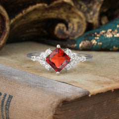 Dainty Princess Cut Garnet Enagement Ring Vintage Side Stone Ring