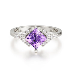 Dainty Princess Cut Amethyst Enagement Ring Vintage Side Stone Ring