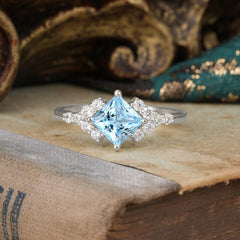 Dainty Princess Cut Aquamarine Enagement Ring Vintage Side Stone Ring