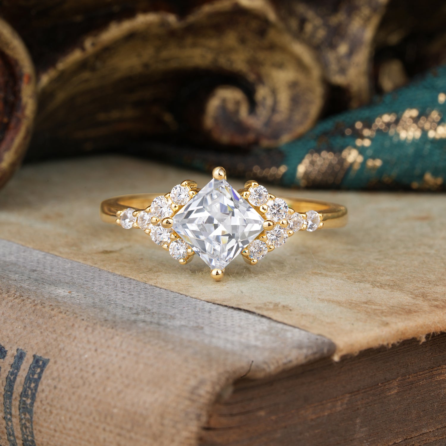 Dainty Princess Cut Moissanite Enagement Ring Vintage Side Stone Ring