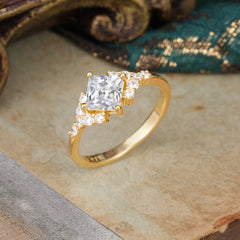 Dainty Princess Cut Moissanite Enagement Ring Vintage Side Stone Ring