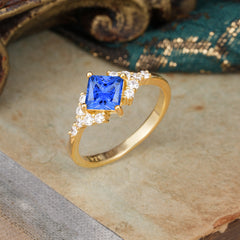 4 Prong Dainty Princess Cut Sapphire Enagement Ring Vintage Side Stone Ring