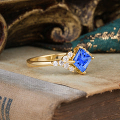 4 Prong Dainty Princess Cut Sapphire Enagement Ring Vintage Side Stone Ring