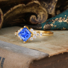 4 Prong Dainty Princess Cut Sapphire Enagement Ring Vintage Side Stone Ring