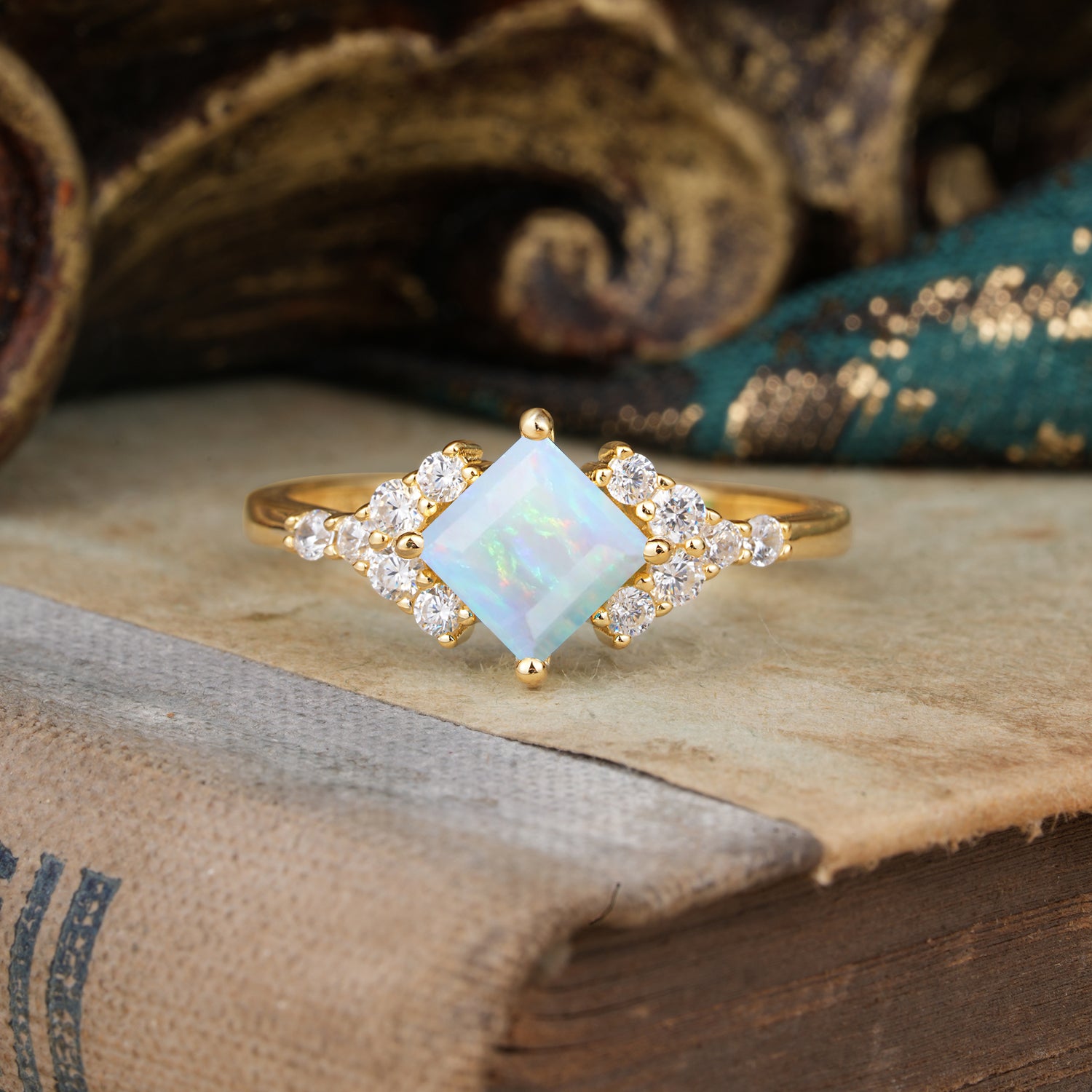 Vintage 4 Prong Dainty Princess Cut Opal Side Stone Engagement Ring