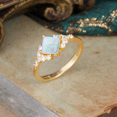 Dainty Princess Cut Opal Enagement Ring Vintage Side Stone Ring