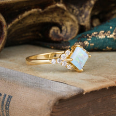 Dainty Princess Cut Opal Enagement Ring Vintage Side Stone Ring