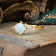 Dainty Princess Cut Opal Enagement Ring Vintage Side Stone Ring