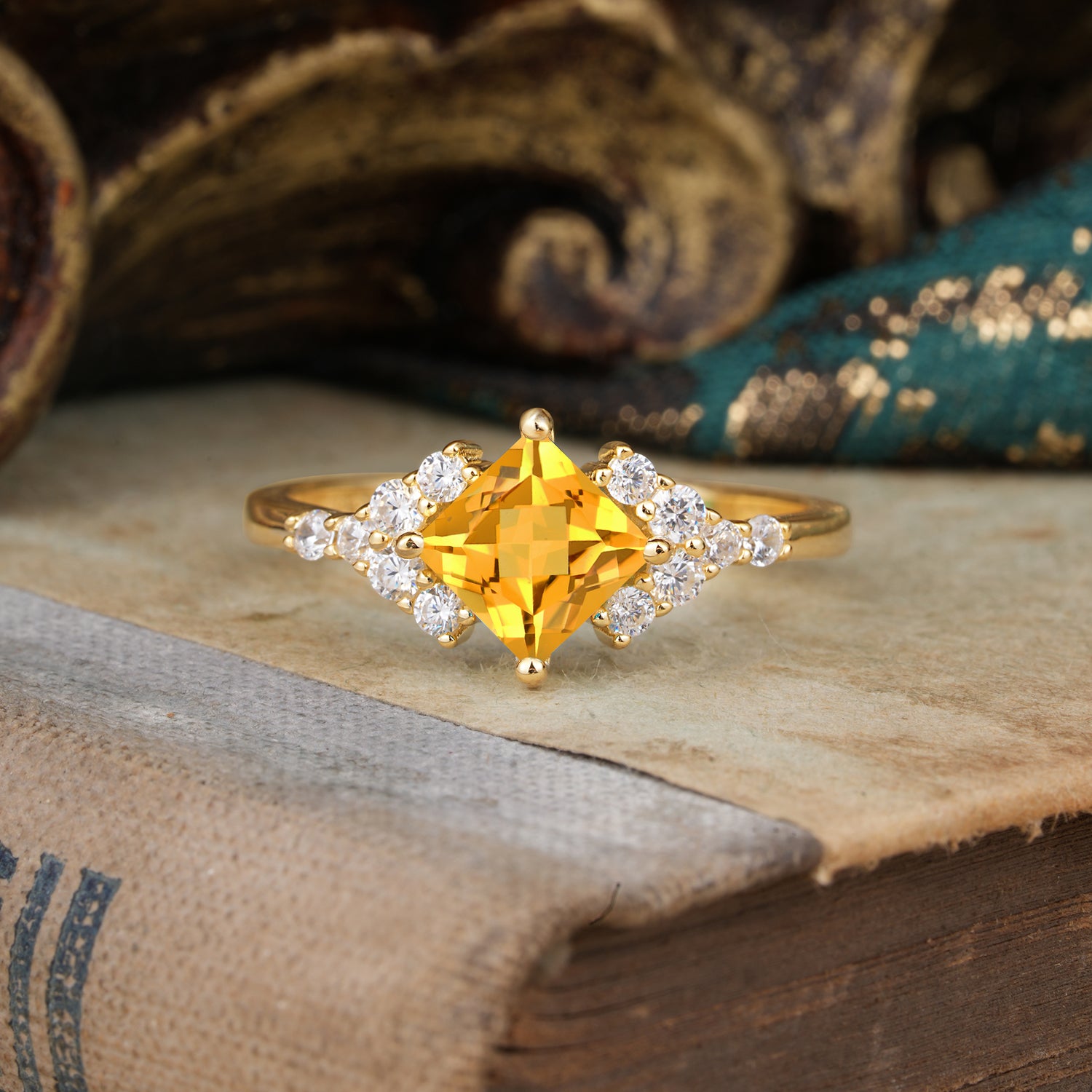 Vintage 4 Prong Dainty Princess Cut Citrine Side Stone Engagement Ring