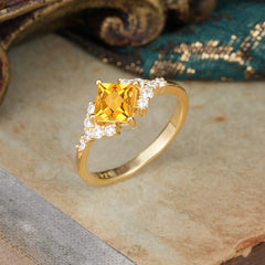 4 Prong Dainty Princess Cut Citrine Enagement Ring Vintage Side Stone Ring