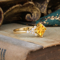 4 Prong Dainty Princess Cut Citrine Enagement Ring Vintage Side Stone Ring