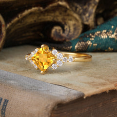 4 Prong Dainty Princess Cut Citrine Enagement Ring Vintage Side Stone Ring