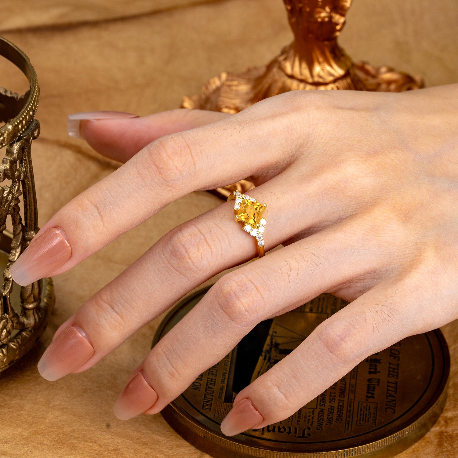 Vintage 4 Prong Dainty Princess Cut Citrine Side Stone Engagement Ring