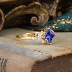 4 Prong Dainty Princess Cut Tanzanite Enagement Ring Vintage Side Stone Ring