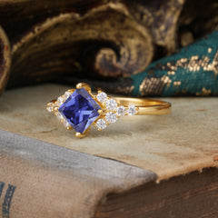 4 Prong Dainty Princess Cut Tanzanite Enagement Ring Vintage Side Stone Ring