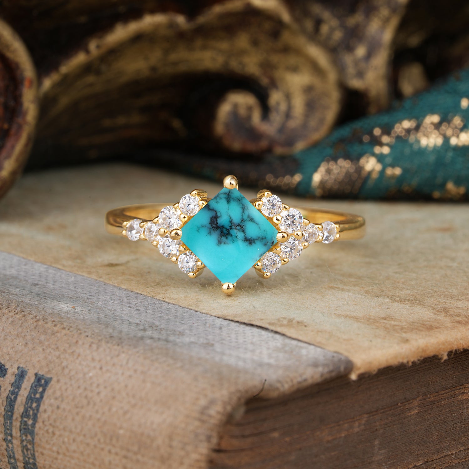 Vintage 4 Prong DaintyPrincess Cut Turquoisee Side Stone Engagement Ring