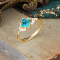 4 Prong Dainty Princess Cut Turquoisee Enagement Ring Vintage Side Stone Ring