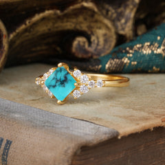 4 Prong Dainty Princess Cut Turquoisee Enagement Ring Vintage Side Stone Ring
