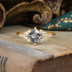 4 Prong Dainty Princess Cut Black Rutilated Quartz Enagement Ring Vintage Side Stone Ring