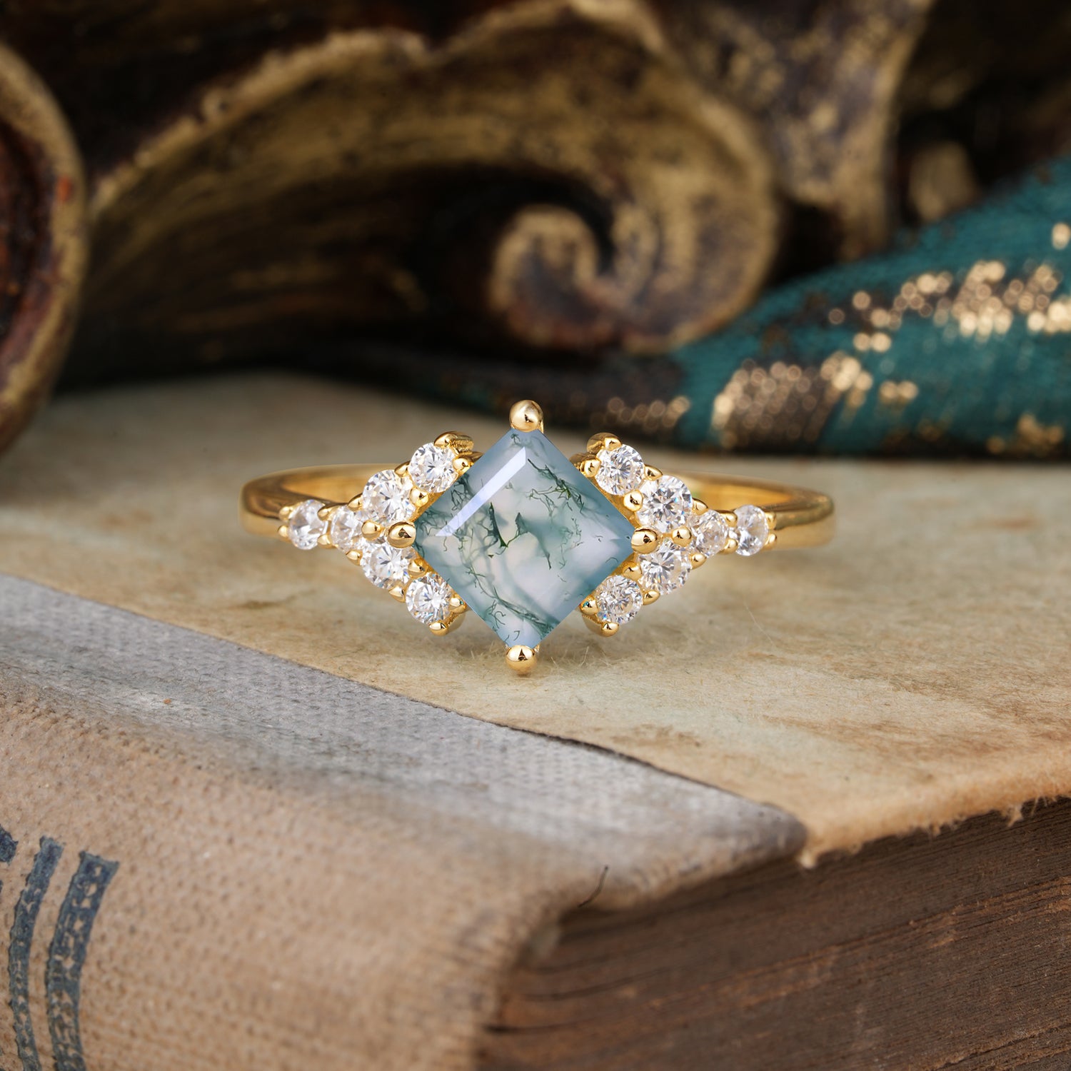 Vintage 4 Prong Dainty Princess Cut Moss Agate Side Stone Engagement Ring