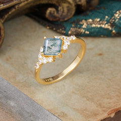 Dainty Princess Cut Moss Agate Enagement Ring Vintage Side Stone Ring