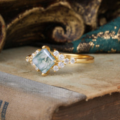 Dainty Princess Cut Moss Agate Enagement Ring Vintage Side Stone Ring