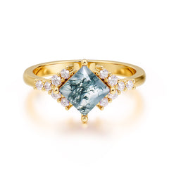 Dainty Princess Cut Moss Agate Enagement Ring Vintage Side Stone Ring