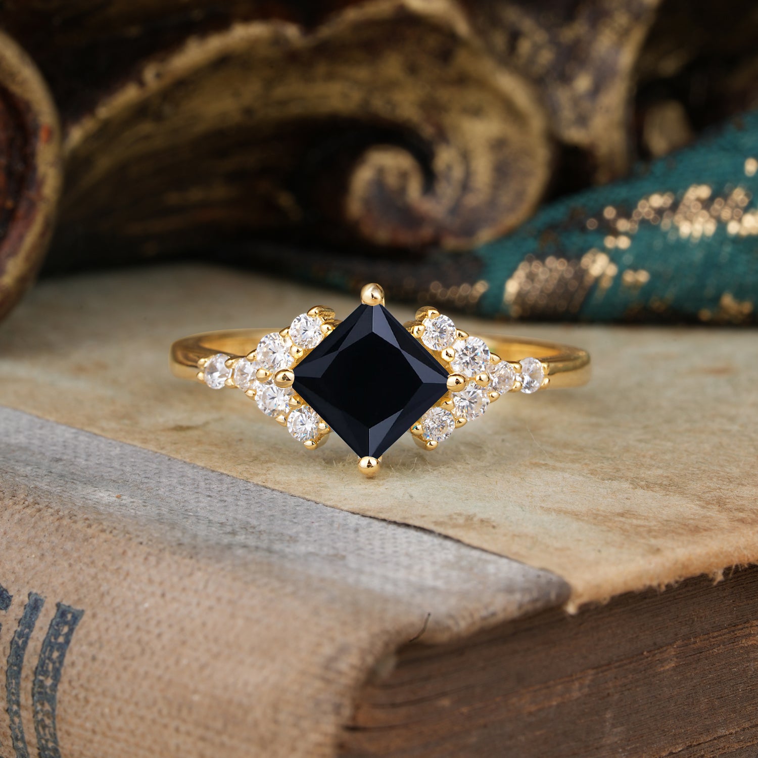 Vintage 4 Prong Dainty Princess Cut Black Onyx Side Stone Engagement Ring