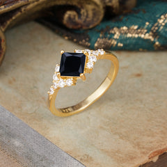 4 Prong Dainty Princess Cut Black Onyx Enagement Ring Vintage Side Stone Ring