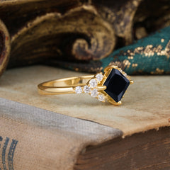 4 Prong Dainty Princess Cut Black Onyx Enagement Ring Vintage Side Stone Ring