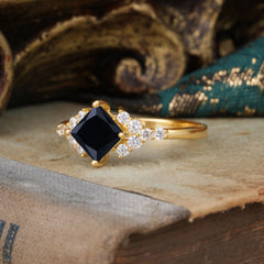 4 Prong Dainty Princess Cut Black Onyx Enagement Ring Vintage Side Stone Ring